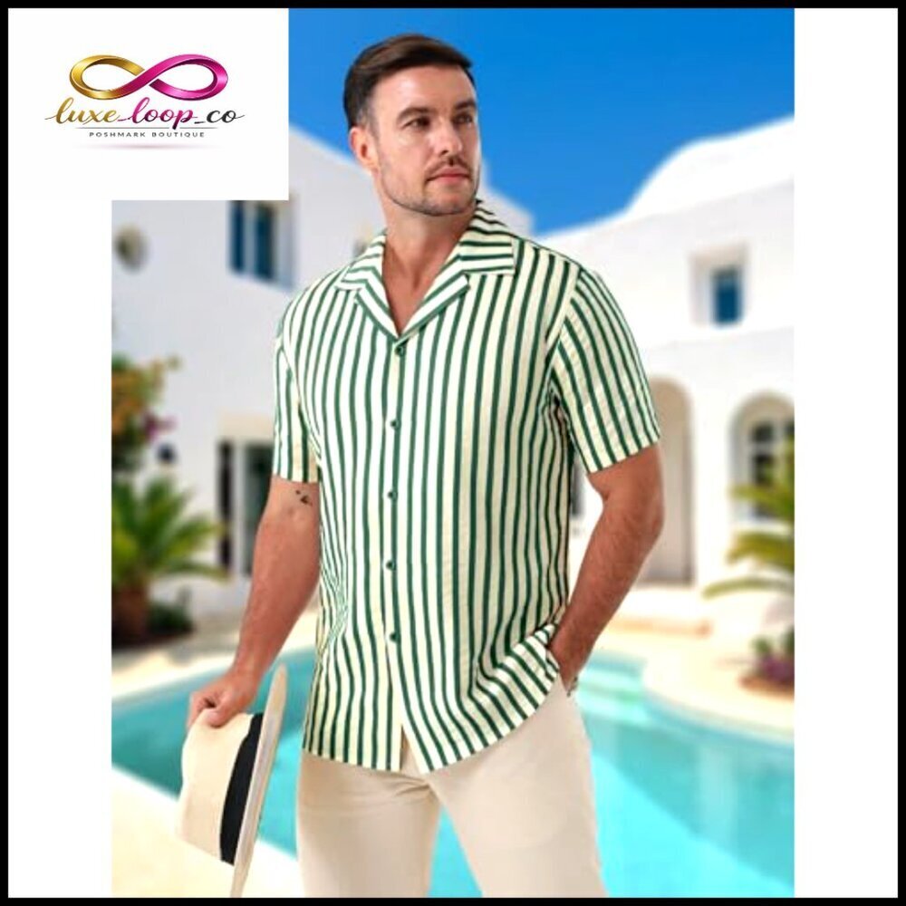 Classic Striped Seersucker Cuban Collar Shirt Short Sleeve Button Down - Picture 4 of 7
